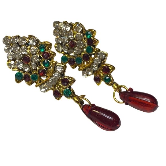 Christmas Color Earrings Pierced Post Dangle Drop Rhinestone Holiday Wear - Picture 1 of 10